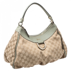 Pre Owned Gucci Beige/Mint Green GG Canvas Large D Ring Hobo