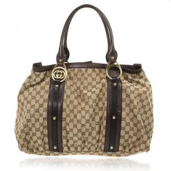 Pre Owned Gucci Monogram GG Canvas Interlocking Medium Tote With Interlocking G Ornament and Studs