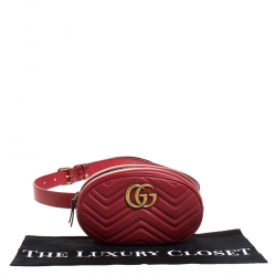Pre Owned Gucci Red Matelassé Leather GG Marmont Belt Bag