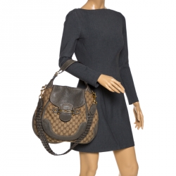 Pre Owned حقيبة كتف غوتشي هورسبيت New Pelham كبيرة جلد وكانفاس GG بنية/ رمادية