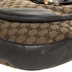 Pre Owned حقيبة كتف غوتشي هورسبيت New Pelham كبيرة جلد وكانفاس GG بنية/ رمادية