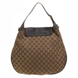 Pre Owned حقيبة كتف غوتشي هورسبيت New Pelham كبيرة جلد وكانفاس GG بنية/ رمادية