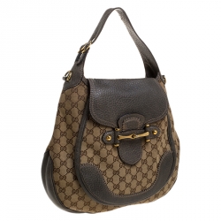 Pre Owned حقيبة كتف غوتشي هورسبيت New Pelham كبيرة جلد وكانفاس GG بنية/ رمادية