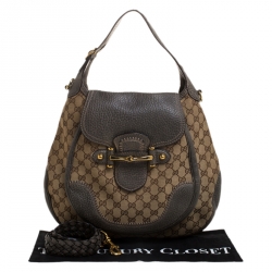 Pre Owned حقيبة كتف غوتشي هورسبيت New Pelham كبيرة جلد وكانفاس GG بنية/ رمادية