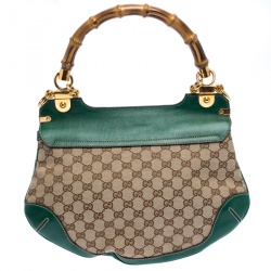 Pre Owned Gucci Beige/Green Canvas and Leather Peggy Bamboo Top Handle Bag