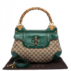 Pre Owned Gucci Beige/Green Canvas and Leather Peggy Bamboo Top Handle Bag