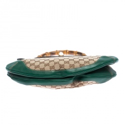 Pre Owned Gucci Beige/Green Canvas and Leather Peggy Bamboo Top Handle Bag