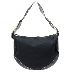 Pre Owned حقيبة غوتشي Pelham  مرصعة كبيرة جلد وكانفاس GG سوداء