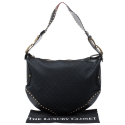 Pre Owned حقيبة غوتشي Pelham  مرصعة كبيرة جلد وكانفاس GG سوداء