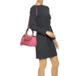 Pre Owned Gucci Pink Leather Medium Tassel New Bamboo Top Handle Bag