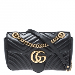 Pre Owned Gucci Black Matelasse Leather Small GG Marmont Shoulder Bag