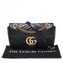 Pre Owned Gucci Black Matelasse Leather Small GG Marmont Shoulder Bag