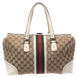 مملوكة مسبقًا حقيبة غوتشي Treasure Boston ويب كبيرة جلد وكانفاس GG بيضاء
