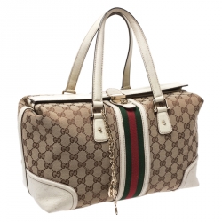 مملوكة مسبقًا حقيبة غوتشي Treasure Boston ويب كبيرة جلد وكانفاس GG بيضاء