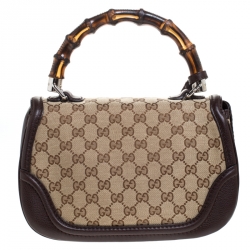 Pre Owned Gucci Brown GG Canvas and Leather Medium Tassel New Bamboo Top Handle Bag