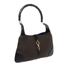 مملوكة مسبقًا حقيبة غوتشي Jackie O Bamboo جلد وكانفاس سوداء/ بنية