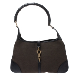 مملوكة مسبقًا حقيبة غوتشي Jackie O Bamboo جلد وكانفاس سوداء/ بنية