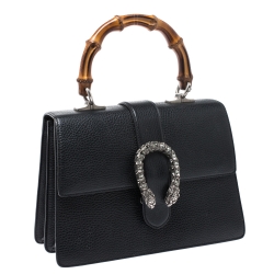 مملوكة مسبقًا Gucci Black Leather Medium Dionysus Bamboo Top Handle Bag