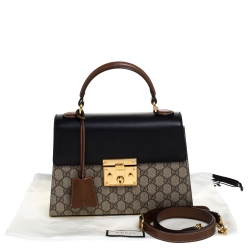 Pre Owned حقيبة غوتشي يد علوية قفل صغيرة جلد وكانفاس سوبريم GG بنية/ سوداء