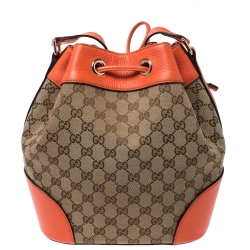 Pre Owned Gucci Beige/Orange GG Canvas and Leather Bucket Bag