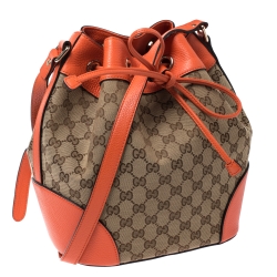 Pre Owned Gucci Beige/Orange GG Canvas and Leather Bucket Bag