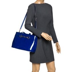 Pre Owned Gucci Blue Patent Leather Medium Bright Bit Tote
