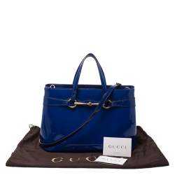 Pre Owned Gucci Blue Patent Leather Medium Bright Bit Tote