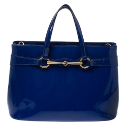Pre Owned Gucci Blue Patent Leather Medium Bright Bit Tote