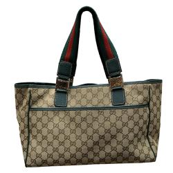Pre Owned Gucci Beige/Green GG Canvas and Leather Shopper Tote