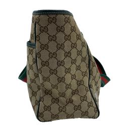 Pre Owned Gucci Beige/Green GG Canvas and Leather Shopper Tote
