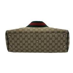Pre Owned Gucci Beige/Green GG Canvas and Leather Shopper Tote