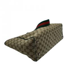 Pre Owned Gucci Beige/Green GG Canvas and Leather Shopper Tote