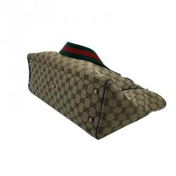 Pre Owned Gucci Beige/Green GG Canvas and Leather Shopper Tote