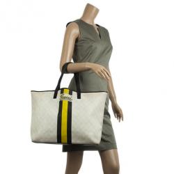 Pre Owned Gucci White and Monongram Striped Canvas Tote