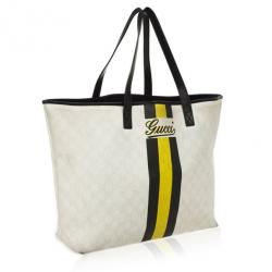 Pre Owned Gucci White and Monongram Striped Canvas Tote