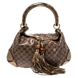 مملوكة مسبقًا Gucci Beige/Gold GG Crystal Canvas and Leather Medium Babouska Indy Hobo