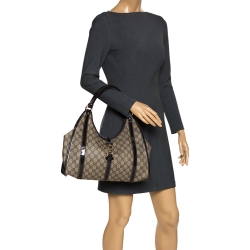 مملوكة مسبقًا Gucci Beige/Brown GG Supreme Canvas and Patent Leather Jackie O Hobo