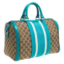 مملوكة مسبقًا Gucci Beige/Blue GG Canvas and Leather Medium Vintage Web Boston Bag