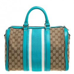 مملوكة مسبقًا Gucci Beige/Blue GG Canvas and Leather Medium Vintage Web Boston Bag