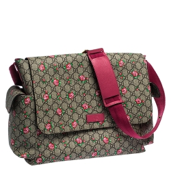 Pre Owned Gucci Beige/Pink GG Supreme Canvas and Leather Strawberry Print Diaper Messenger Bag
