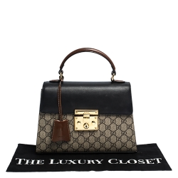 Pre Owned Gucci  Beige/Black GG Supreme Canvas and Leather Small Padlock Top Handle Bag