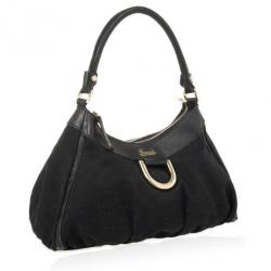 Pre Owned Gucci Black GG Canvas D Gold Hobo Bag