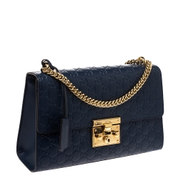 Pre Owned Gucci Navy Blue Guccissima Leather Medium Padlock Shoulder Bag