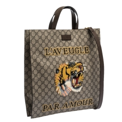 Pre Owned Gucci Beige GG Supreme Canvas Tiger Patch Paramour Tote