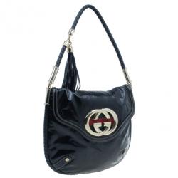 Pre Owned Gucci Black Patent Britt Tassel Flap Bag