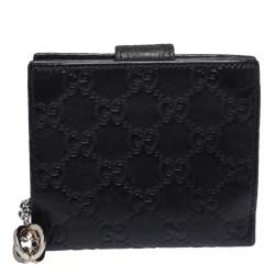 Gucci Black Guccissima Leather Interlocking G Charm French Wallet