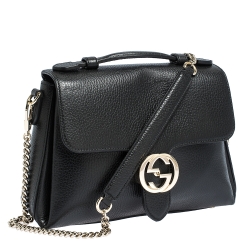 Pre Owned حقيبة كتف غوتشي سلسلة جي متشابكة جلد سوداء