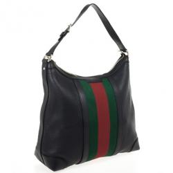 Pre Owned Gucci Black Leather Red Green Stripe Hobo