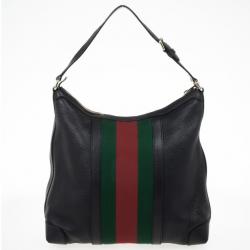 Pre Owned Gucci Black Leather Red Green Stripe Hobo