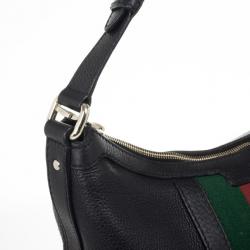 Pre Owned Gucci Black Leather Red Green Stripe Hobo